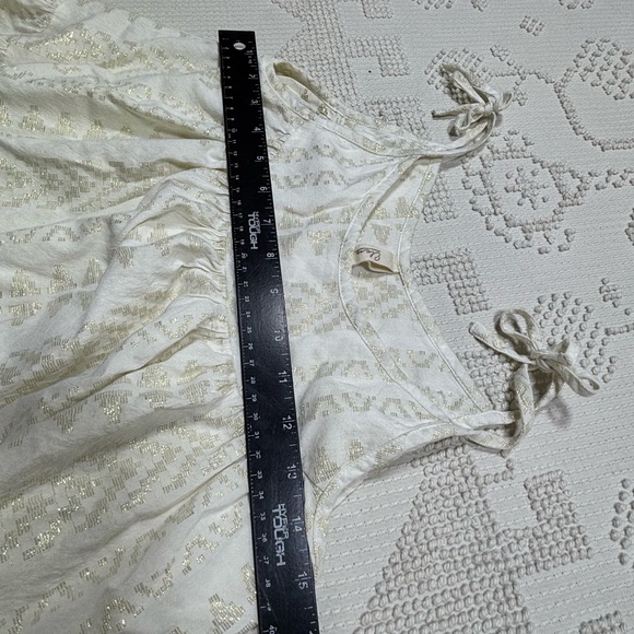 Elan White Gold Metallic Jacquard Tiered Babydoll Boho Mini Dress Size Small - Picture 5 of 14
